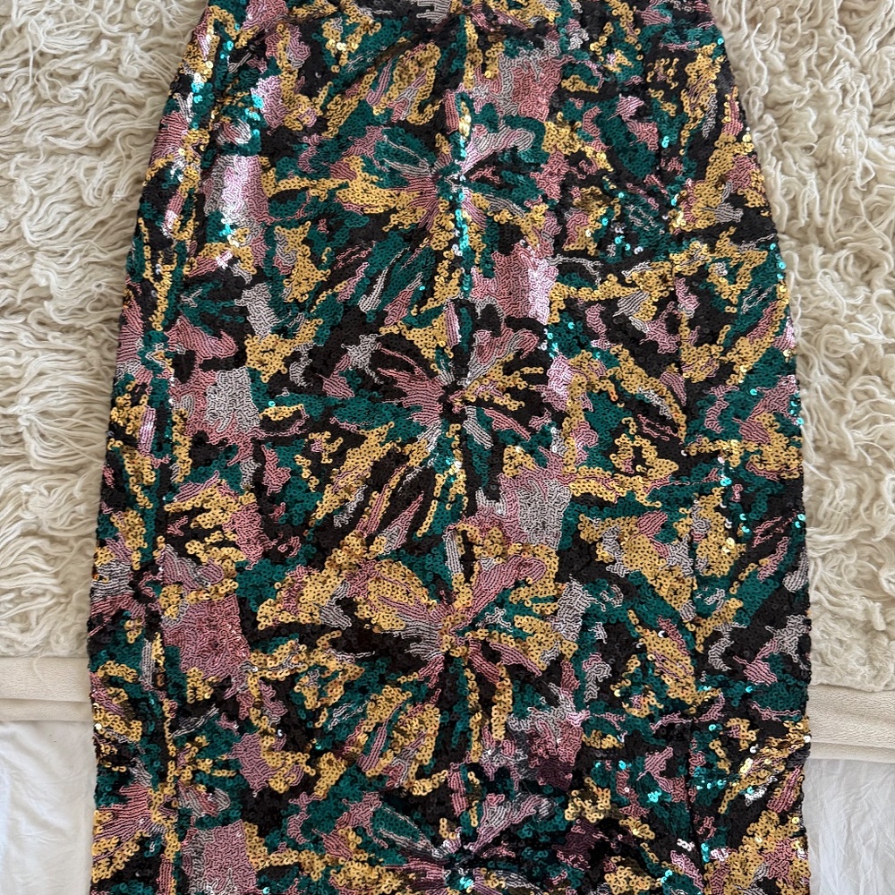 Sezane Magalia Skirt Sequins Fleurs Bleu Canard Dore Rose - Size 38 - Picture 2 of 3